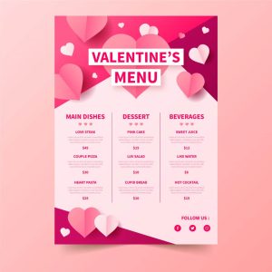 Stampa e design volantino menù festa di San Valentino, layout personalizzato